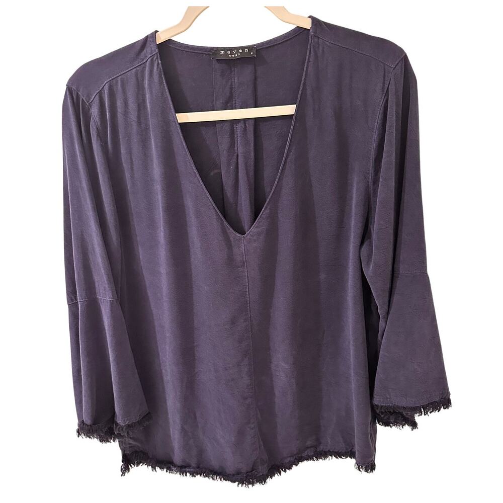 Maven West Navy V-Neck Bell Sleeve Fringe Hemline Top, size S